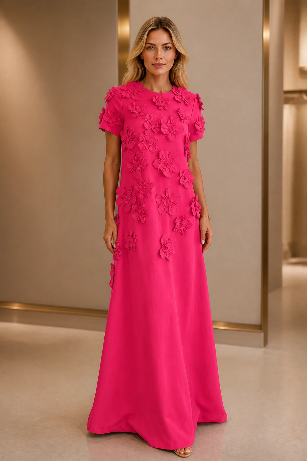 Polished A-Line Round-Neck Short-Sleeve Zipper-Back Floor-Length Wedding Guest Dress