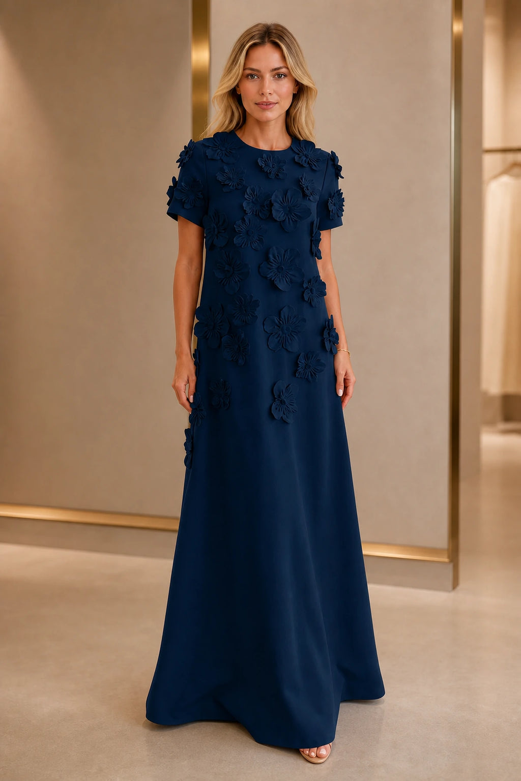 Polished A-Line Round-Neck Short-Sleeve Zipper-Back Floor-Length Wedding Guest Dress