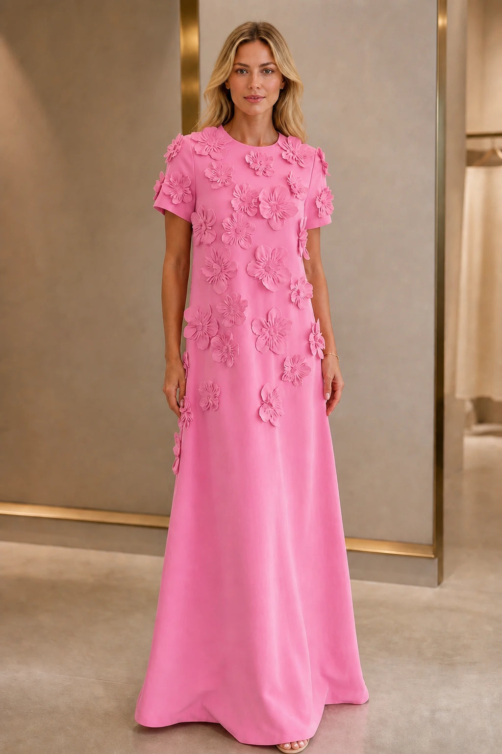 Vibrant pink A-line wedding guest dress with round neckline, short sleeves, 3D floral appliqués and floor-length skirt