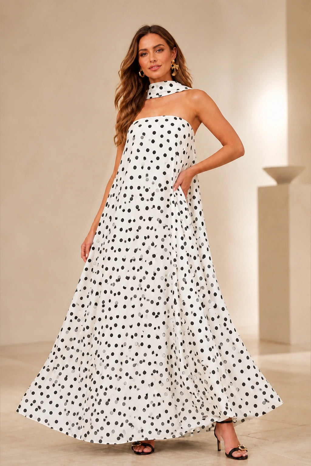 White black polka dot strapless floor-length wedding guest dress with scarf detail
