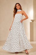 White black polka dot strapless floor-length wedding guest dress with scarf detail