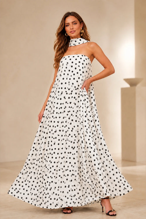 White black polka dot strapless floor-length wedding guest dress with scarf detail