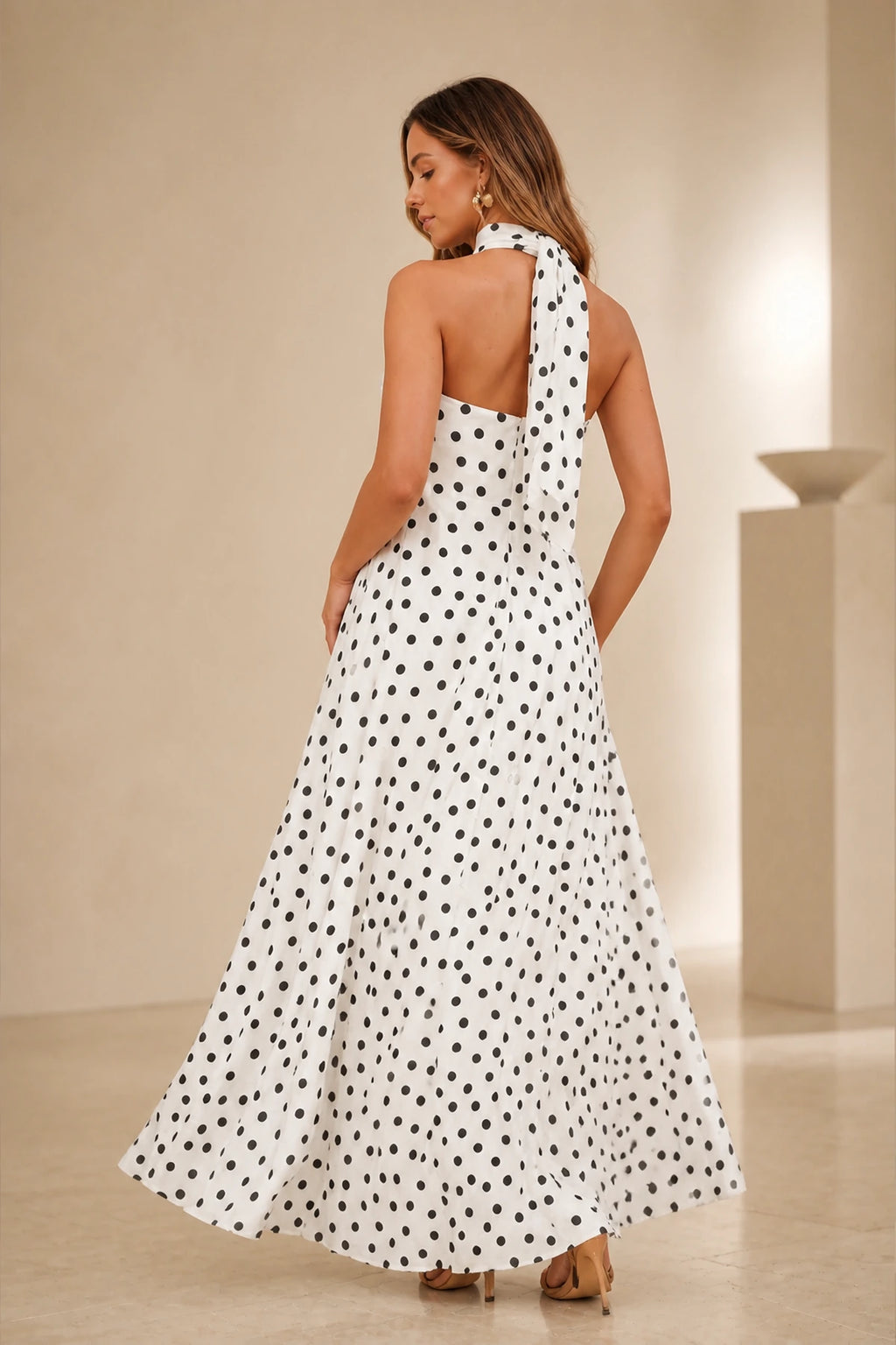 White black polka dot open-back floor-length wedding guest dress with long scarf