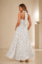 White black polka dot open-back floor-length wedding guest dress with long scarf