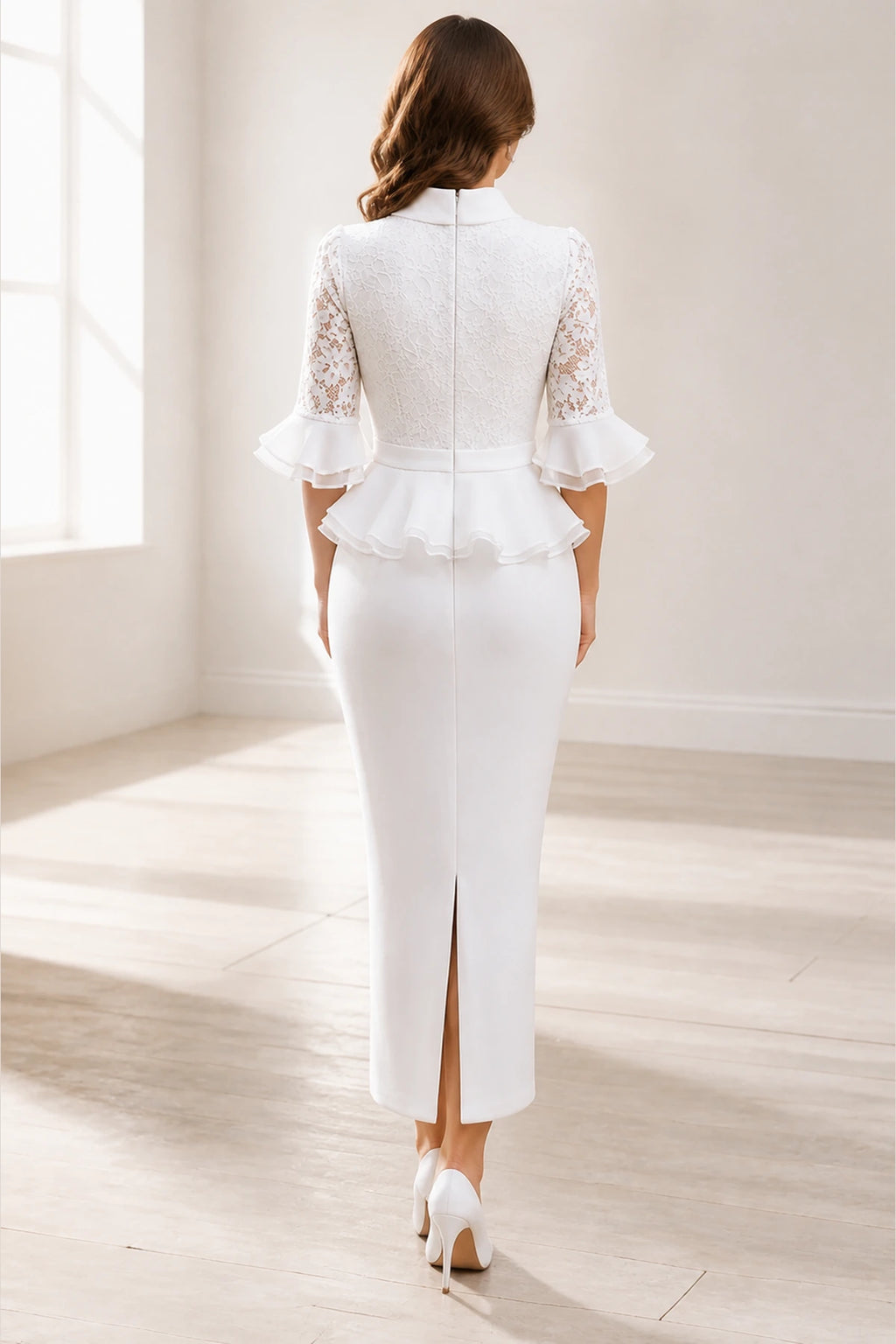 Back view of white lace half-sleeve wedding guest dress with zipper and slit by GraceProm