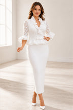 Refined Sheath Ruffle V Neck Half Sleeve Zip Back Ankle-Length Wedding Guest Dress