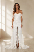GraceProm white sweetheart off shoulder wedding guest dress with layered ruffles and front slit
