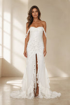 GraceProm white sweetheart off shoulder wedding guest dress with layered ruffles and front slit