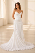 GraceProm white wedding dress with V neckline spaghetti straps draped chiffon details and sweep train