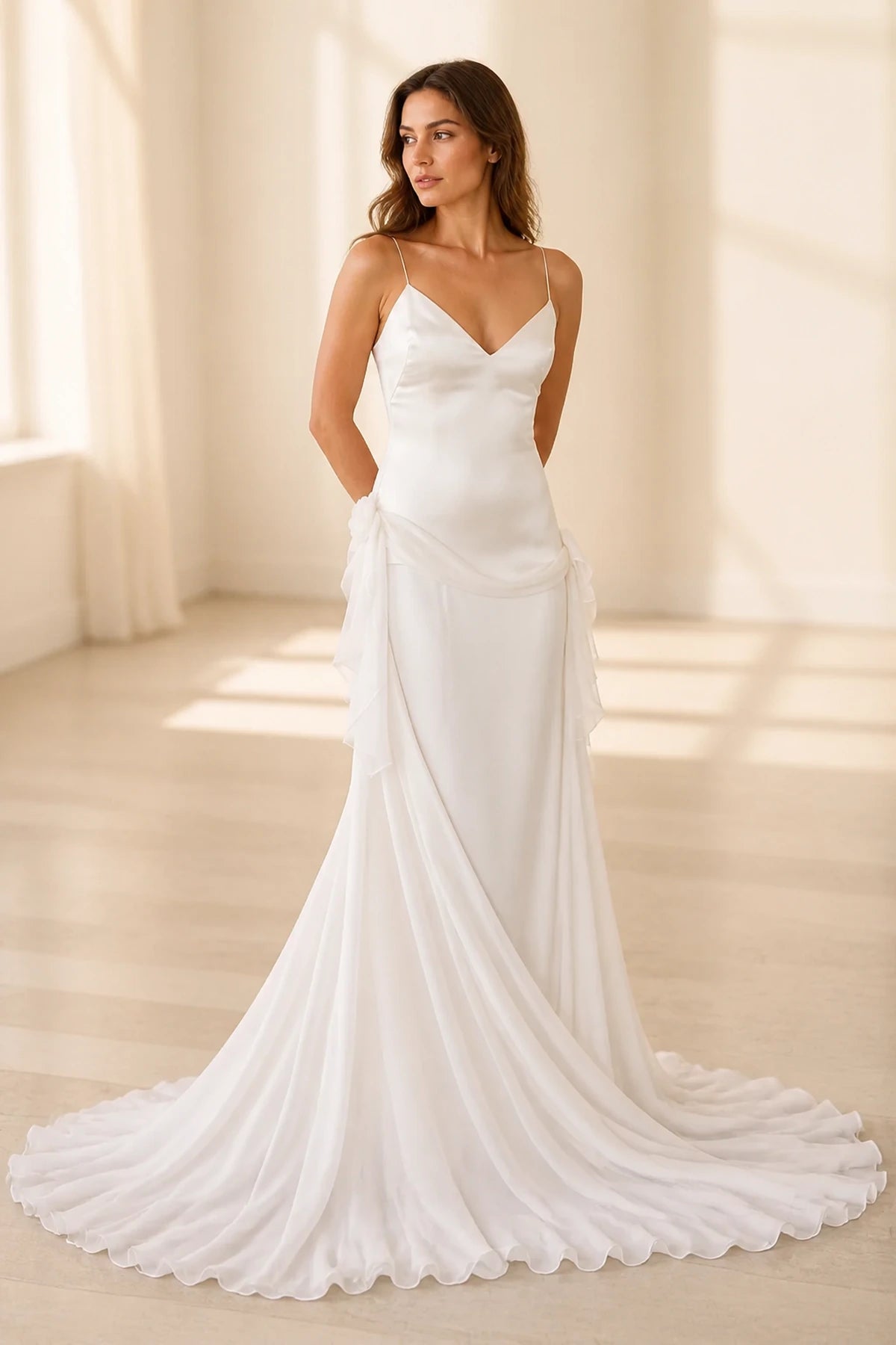 GraceProm white wedding dress with V neckline spaghetti straps draped chiffon details and sweep train