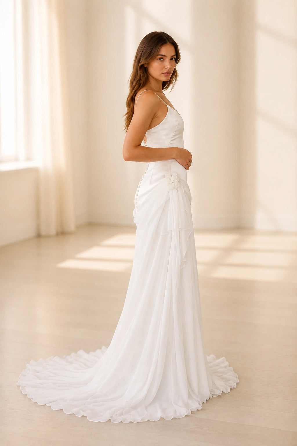 GraceProm white wedding dress with button back spaghetti straps draped chiffon accents and flowing train