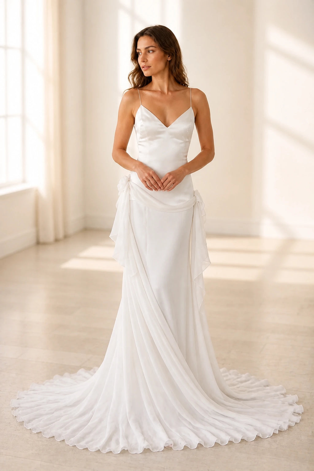 Elegant Sheath V Neck Spaghetti Strap Button Back Sweep Train Wedding Dress