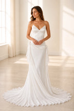 Elegant Sheath V Neck Spaghetti Strap Button Back Sweep Train Wedding Dress