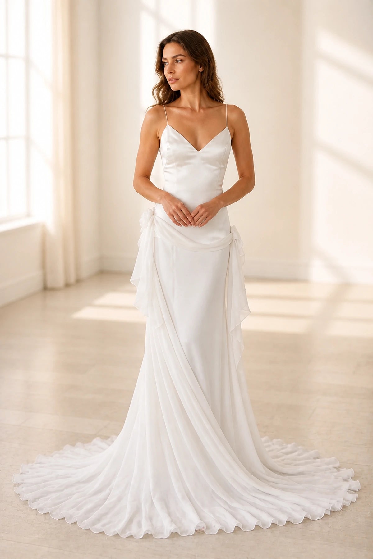 Elegant Sheath V Neck Spaghetti Strap Button Back Sweep Train Wedding Dress