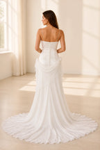 Elegant Sheath V Neck Spaghetti Strap Button Back Sweep Train Wedding Dress