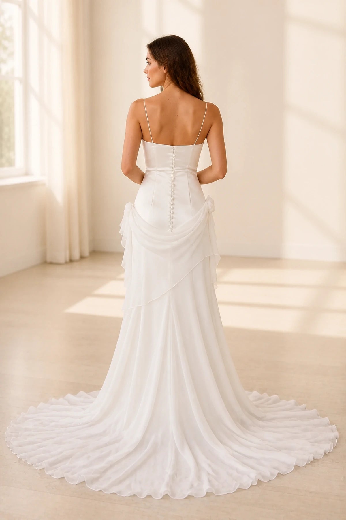 Elegant Sheath V Neck Spaghetti Strap Button Back Sweep Train Wedding Dress