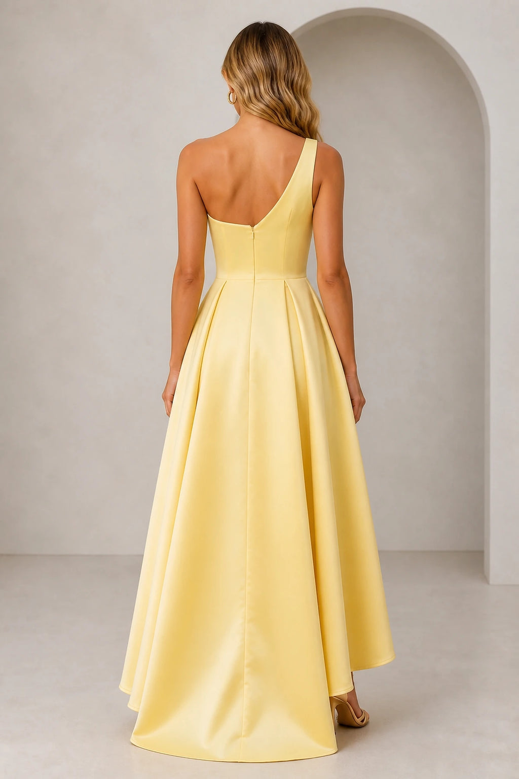 Yellow one-shoulder wedding guest dress with zip back and high-low skirt