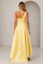 Yellow one-shoulder wedding guest dress with zip back and high-low skirt