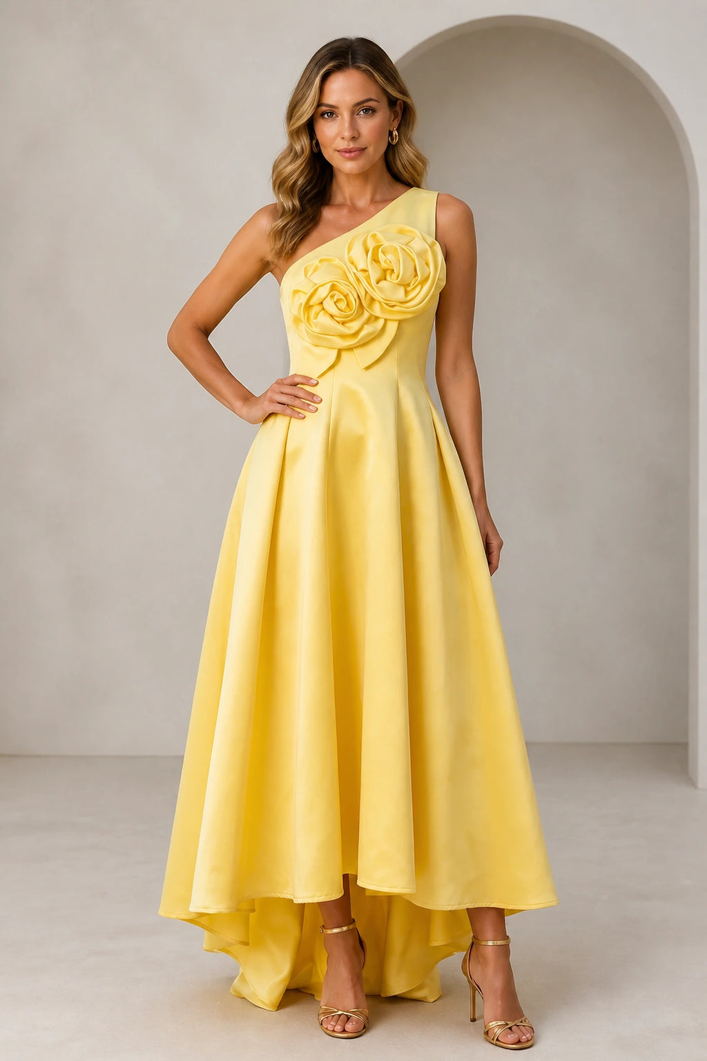 Yellow one-shoulder high-low wedding guest dress with 3D floral appliques