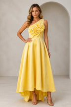 Yellow one-shoulder high-low wedding guest dress with 3D floral appliques