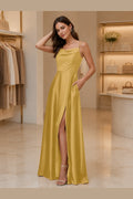 Yellow A-line cowl neck spaghetti strap long prom dress with front slit by Vedress