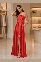 Radiant A-Line Cowl Neck Spaghetti Strap Low Back Long Prom Dress