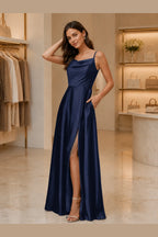 Radiant A-Line Cowl Neck Spaghetti Strap Low Back Long Prom Dress