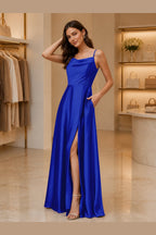 Radiant A-Line Cowl Neck Spaghetti Strap Low Back Long Prom Dress