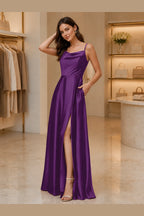 Radiant A-Line Cowl Neck Spaghetti Strap Low Back Long Prom Dress