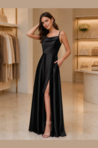 Radiant A-Line Cowl Neck Spaghetti Strap Low Back Long Prom Dress