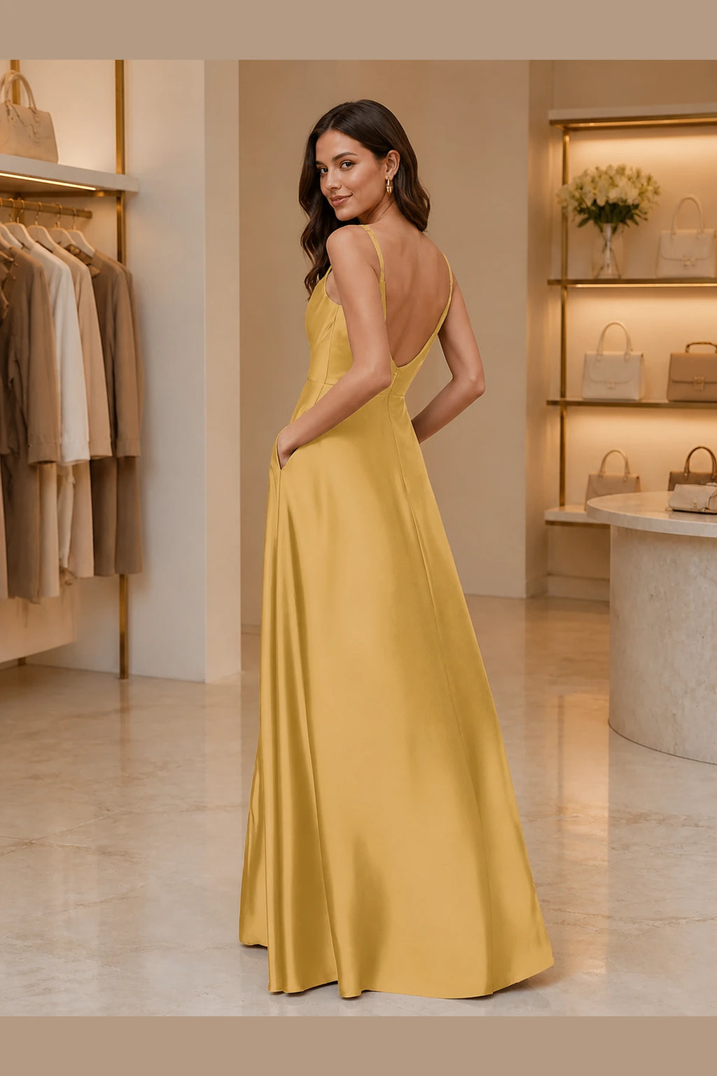 Yellow long prom dress with spaghetti straps low V-back and flowing A-line skirt by Vedress