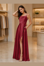 Radiant A-Line Cowl Neck Spaghetti Strap Low Back Long Prom Dress
