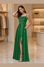 Radiant A-Line Cowl Neck Spaghetti Strap Low Back Long Prom Dress