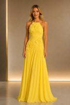 Yellow A-line wedding guest dress with halter neckline, ruched bodice, 3D floral appliqués and floor-length skirt