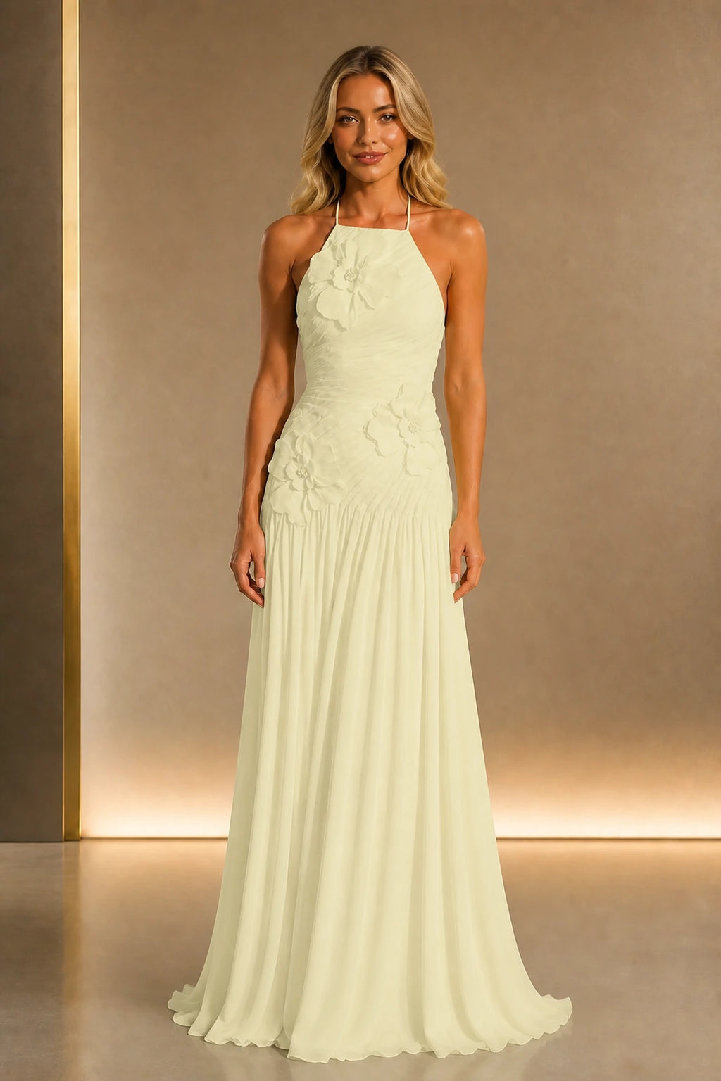 Radiant A-Line Halter Neck Sleeveless Open-Back Floor-Length Wedding Guest Dress