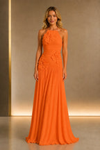 Radiant A-Line Halter Neck Sleeveless Open-Back Floor-Length Wedding Guest Dress