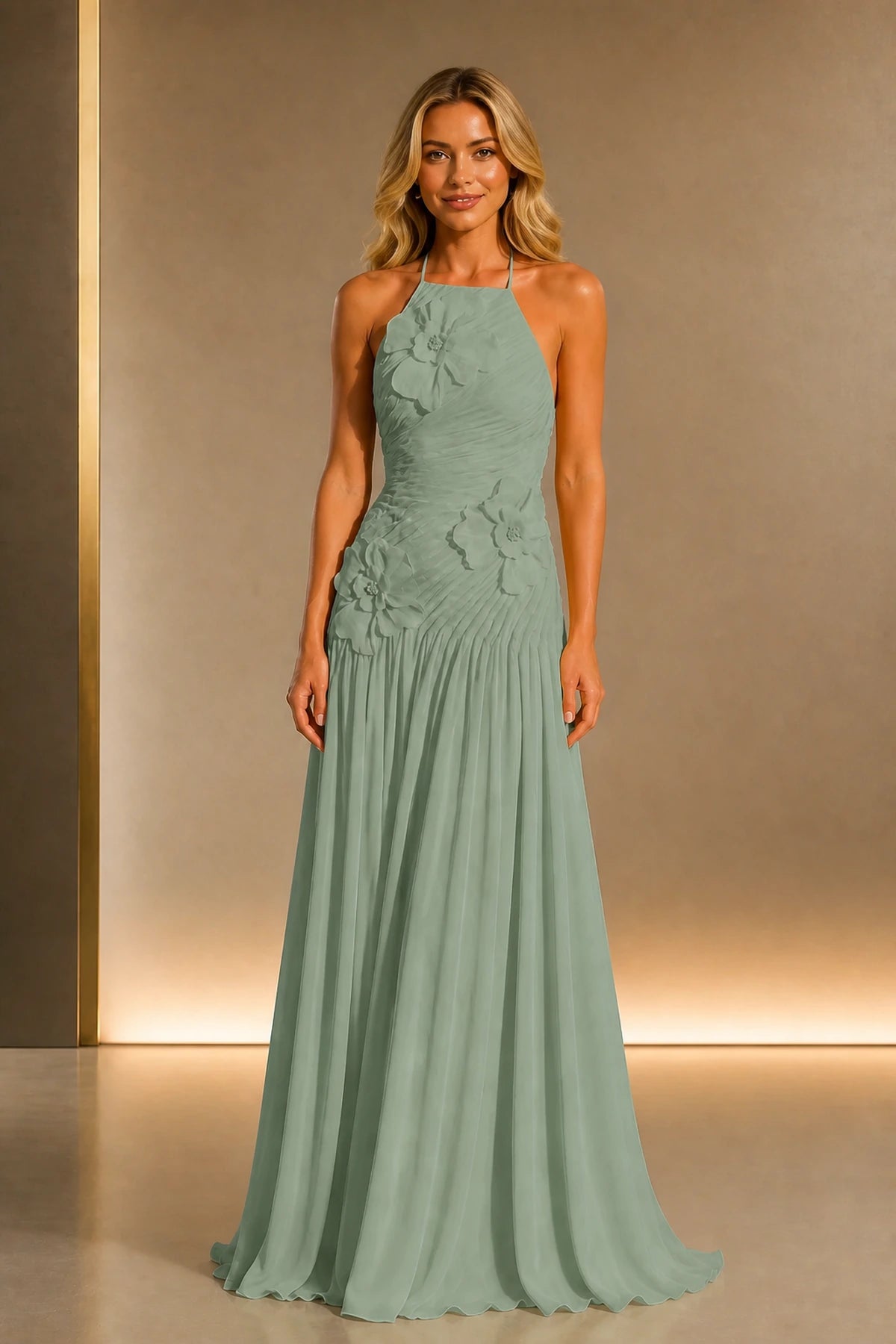 Radiant A-Line Halter Neck Sleeveless Open-Back Floor-Length Wedding Guest Dress
