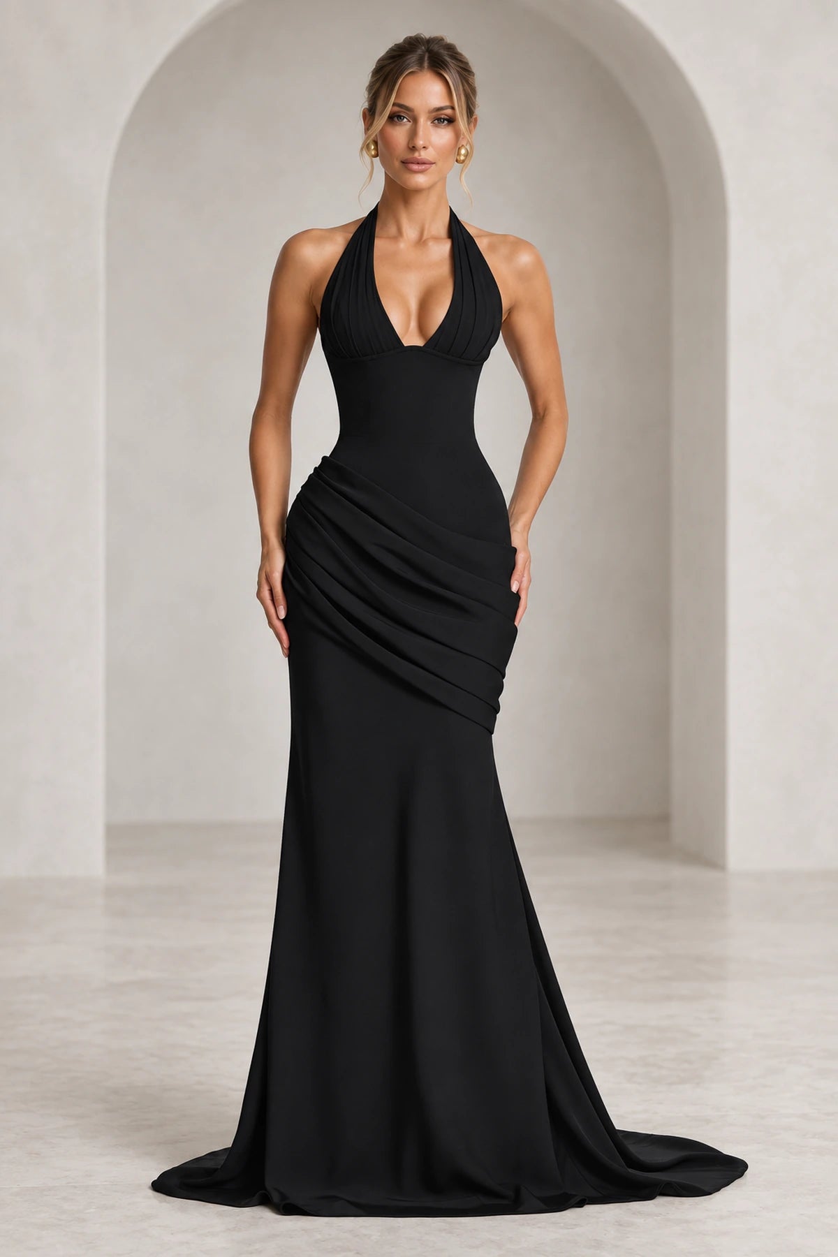 Elegant Mermaid Halter Neck Sleeveless Ruched Long Wedding Guest Dress