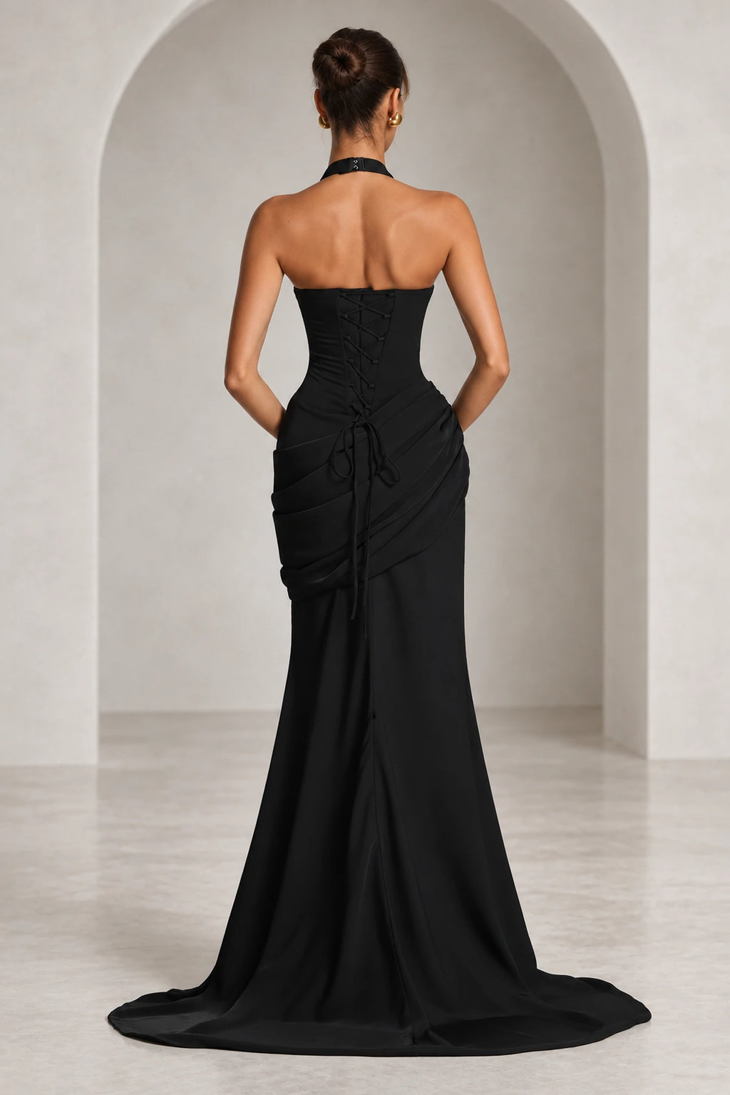Elegant Mermaid Halter Neck Sleeveless Ruched Long Wedding Guest Dress