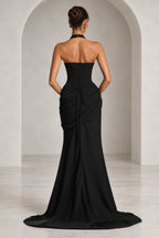 Elegant Mermaid Halter Neck Sleeveless Ruched Long Wedding Guest Dress