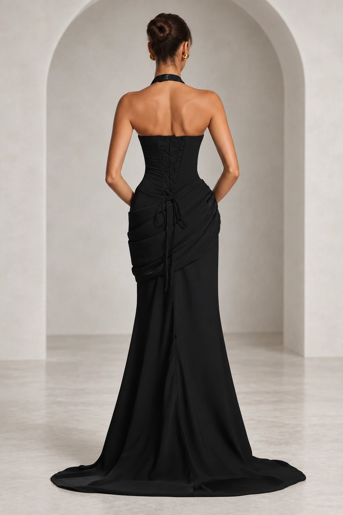 Elegant Mermaid Halter Neck Sleeveless Ruched Long Wedding Guest Dress