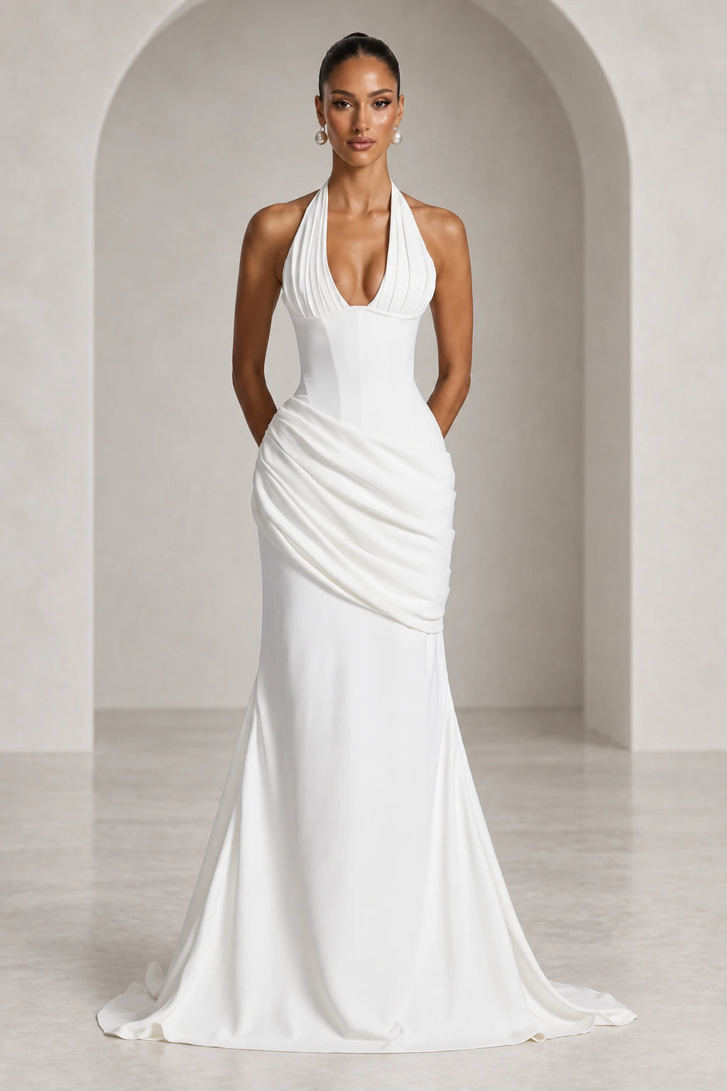 Elegant Mermaid Halter Neck Sleeveless Ruched Long Wedding Guest Dress