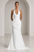 Elegant Mermaid Halter Neck Sleeveless Ruched Long Wedding Guest Dress