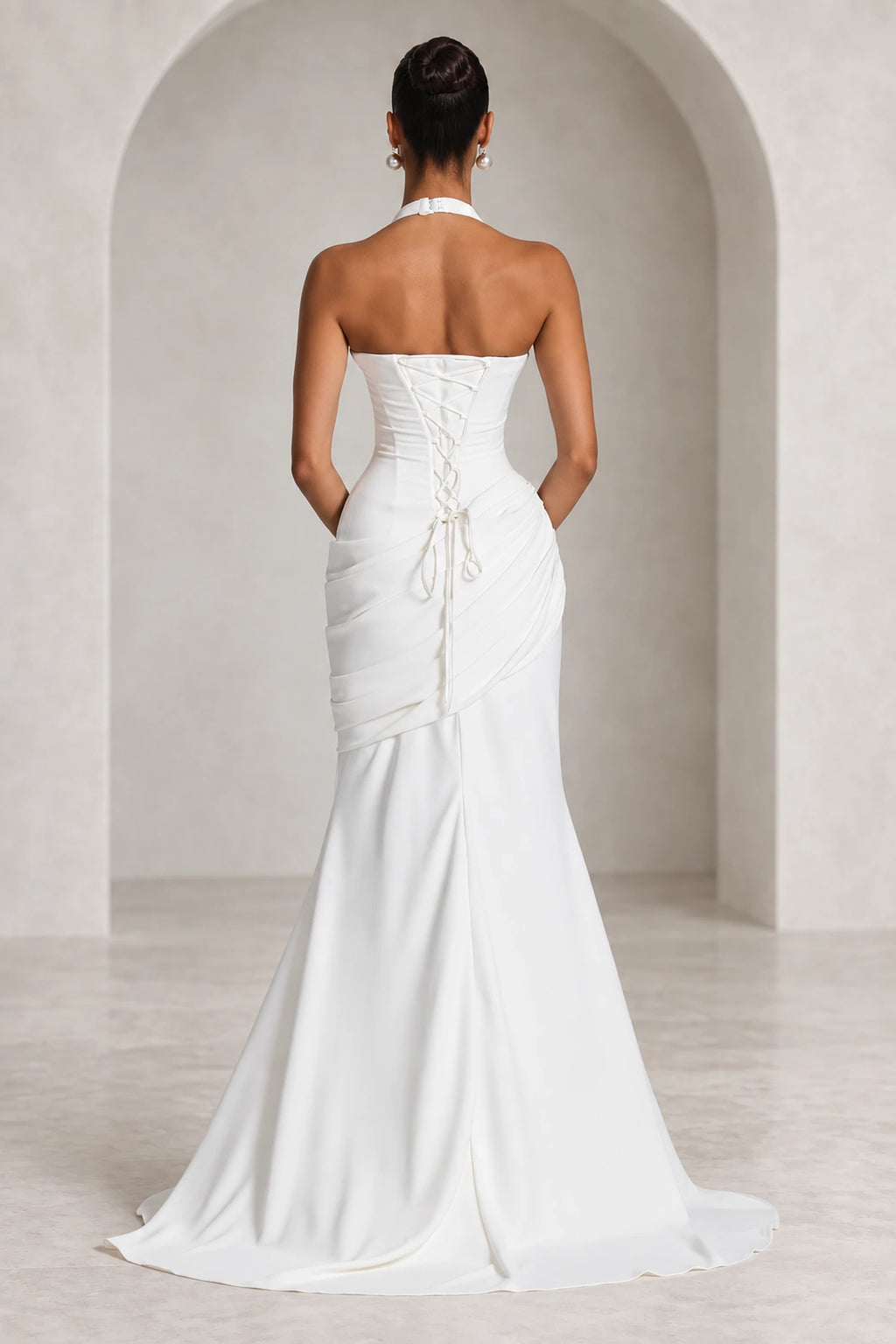 Elegant Mermaid Halter Neck Sleeveless Ruched Long Wedding Guest Dress