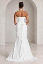 Elegant Mermaid Halter Neck Sleeveless Ruched Long Wedding Guest Dress