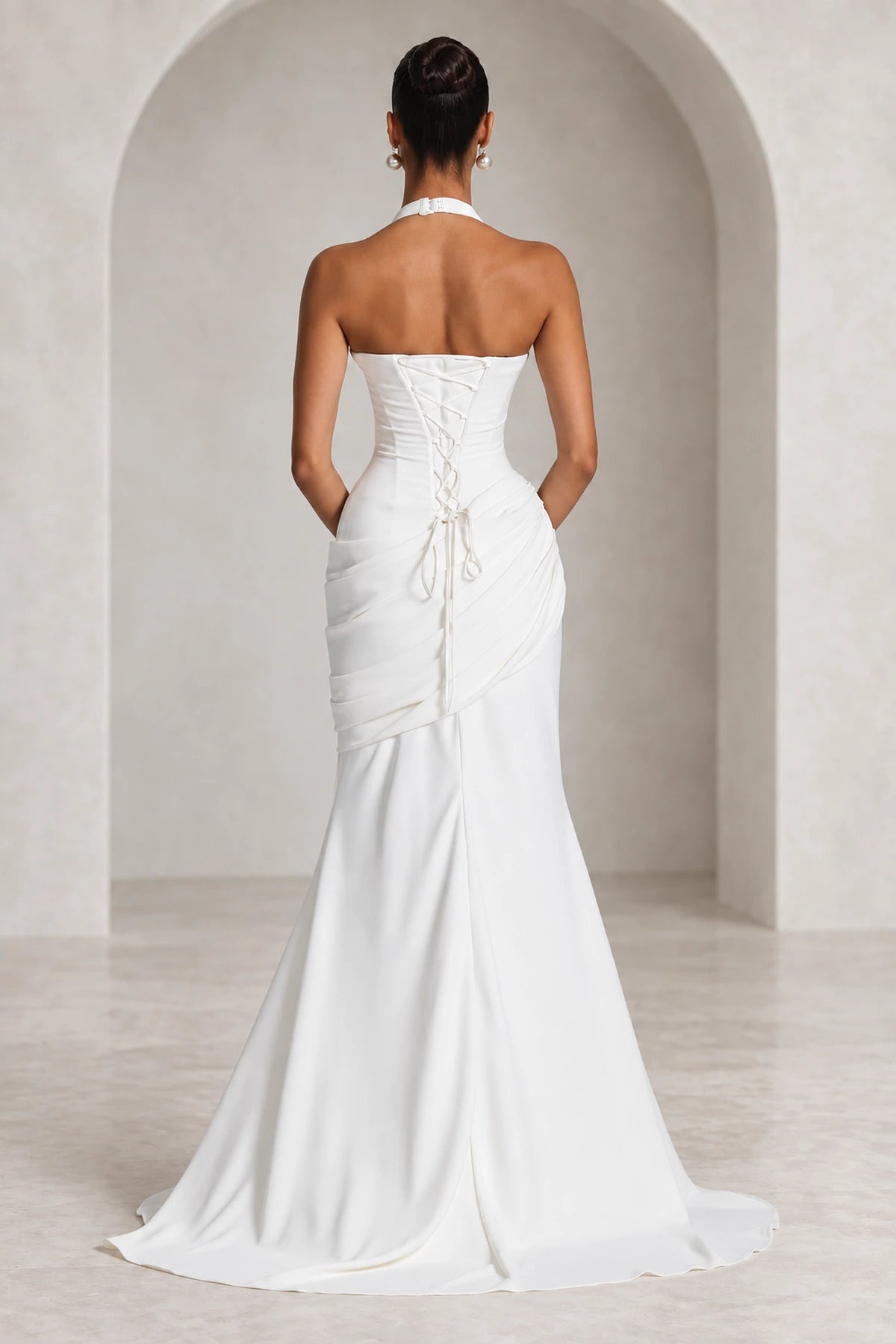 Elegant Mermaid Halter Neck Sleeveless Ruched Long Wedding Guest Dress