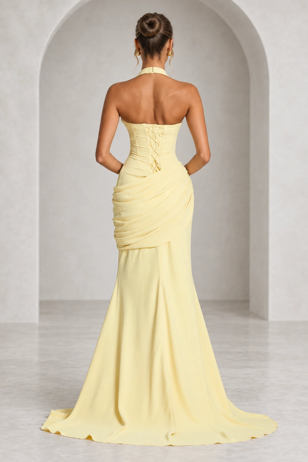 Graceprom yellow halter neck mermaid wedding guest dress with ruched waist front view