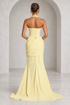Graceprom yellow halter neck mermaid wedding guest dress with ruched waist front view