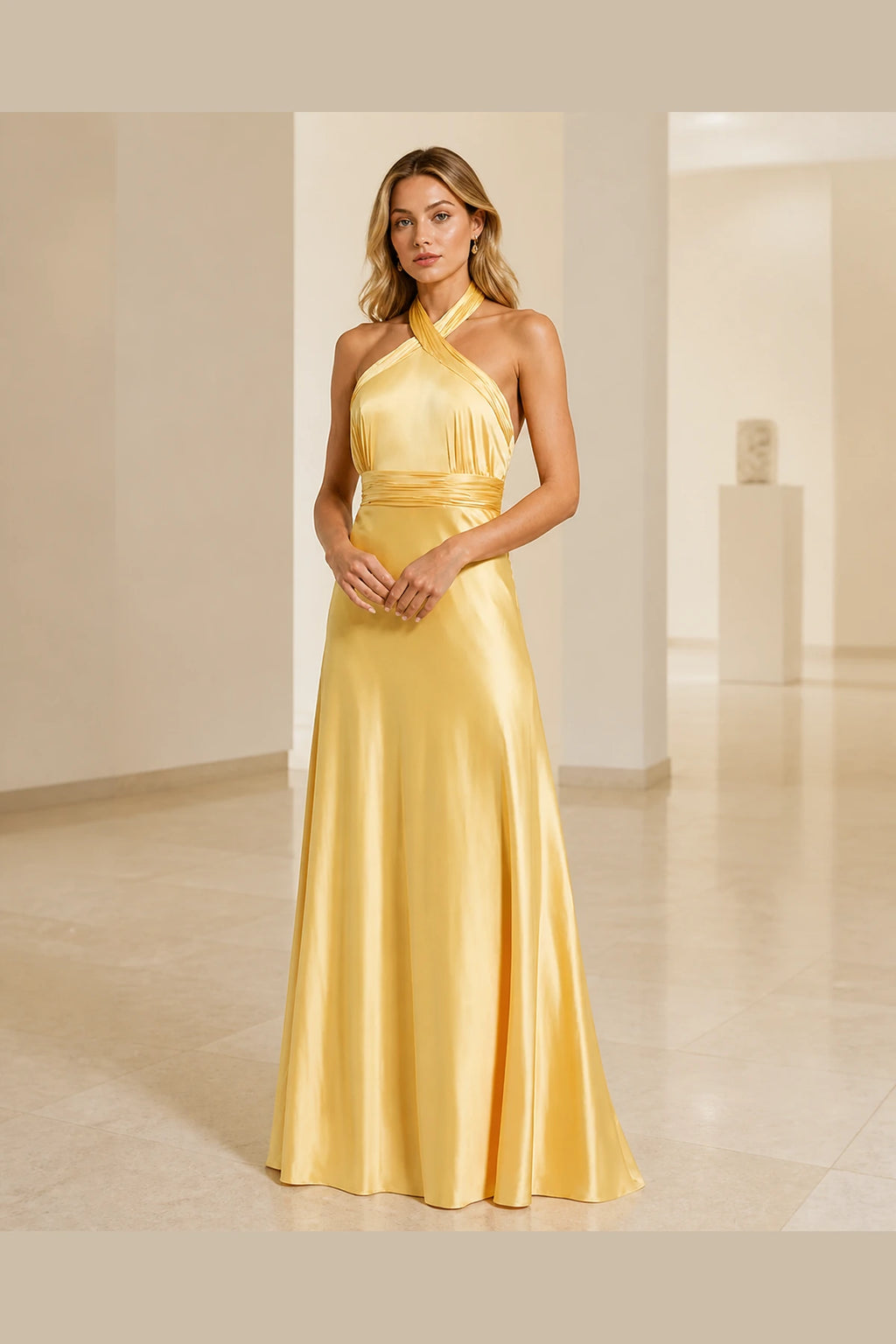 Yellow A-line halter neck sleeveless long bridesmaid dress with bow back by Vedress