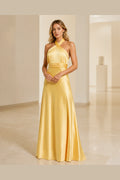 Yellow A-line halter neck sleeveless long bridesmaid dress with bow back by Vedress